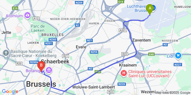 Map: Brussels Zaventem Airport (BRU) to Thon Hotel Brussels City Centre