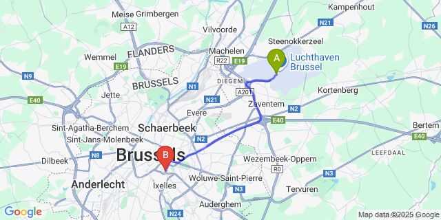 Map: Brussels Zaventem Airport (BRU) to Thon Residence Parnasse, Brussels