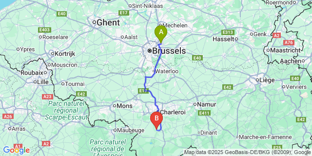 Map: Brussels Zaventem Airport (BRU) to Thy-Le-Château