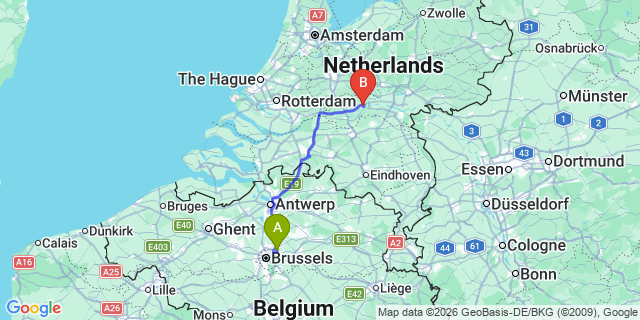 Map: Brussels Zaventem Airport (BRU) to Tiel