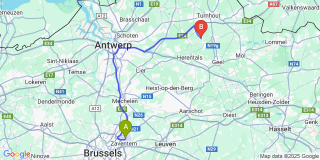 Map: Brussels Zaventem Airport (BRU) to Tielen