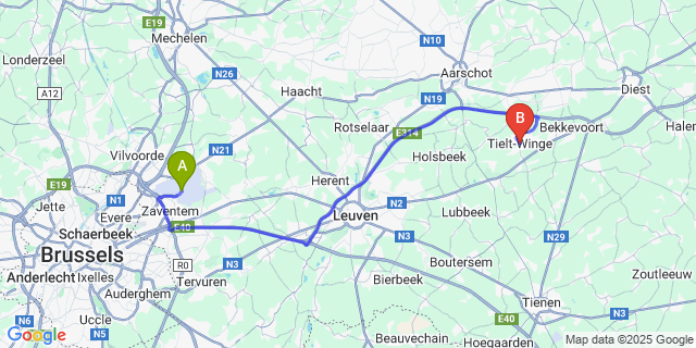 Map: Brussels Zaventem Airport (BRU) to Tielt-Winge