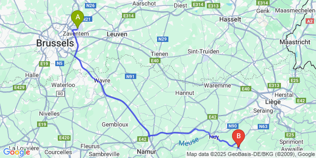 Map: Brussels Zaventem Airport (BRU) to Tinlot