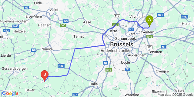 Map: Brussels Zaventem Airport (BRU) to Tollembeek