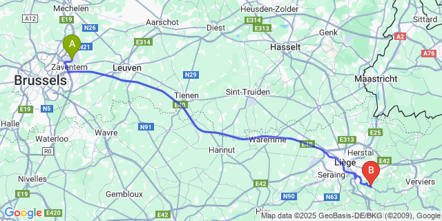 Map: Brussels Zaventem Airport (BRU) to Trooz