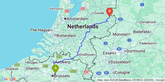 Map: Brussels Zaventem Airport (BRU) to Tubbergen