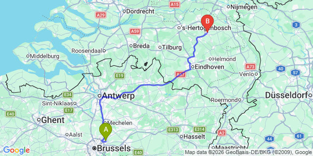 Map: Brussels Zaventem Airport (BRU) to Uden