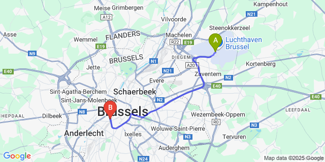 Map: Brussels Zaventem Airport (BRU) to Urban Yard Hotel, Brussels