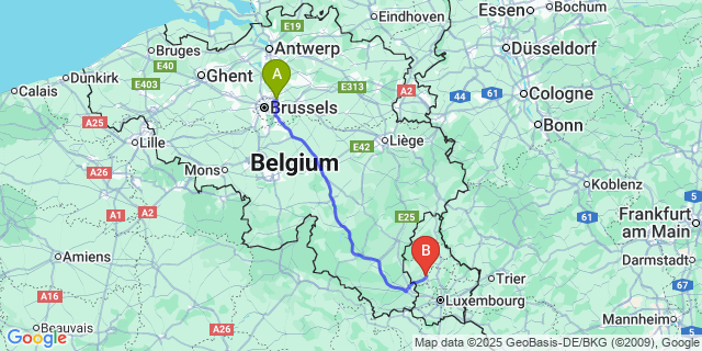Map: Brussels Zaventem Airport (BRU) to Useldange