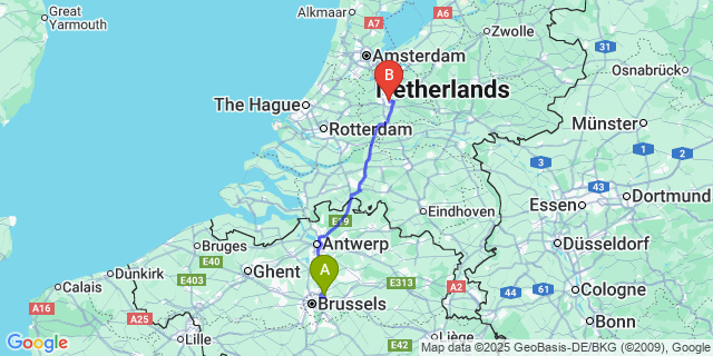 Map: Brussels Zaventem Airport (BRU) to Utrecht