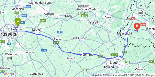 Map: Brussels Zaventem Airport (BRU) to Valkenberg