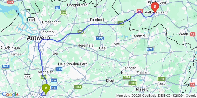 Map: Brussels Zaventem Airport (BRU) to Valkenswaard