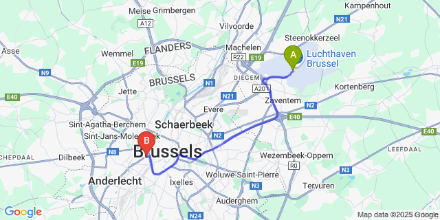 Map: Brussels Zaventem Airport (BRU) to Van Belle Hotel, Brussels