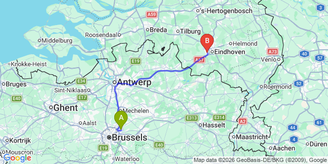 Map: Brussels Zaventem Airport (BRU) to Veldhoven