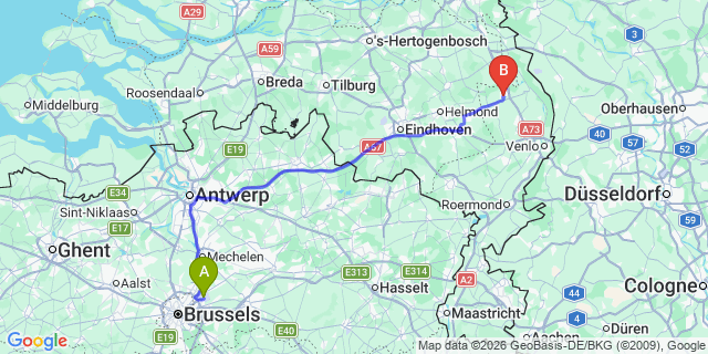 Map: Brussels Zaventem Airport (BRU) to Venray
