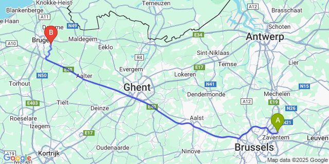 Map: Brussels Zaventem Airport (BRU) to Ver-Assebroek