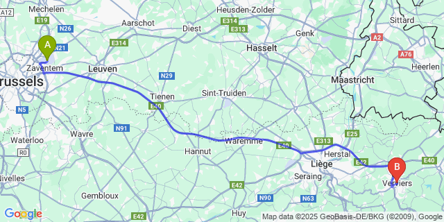 Map: Brussels Zaventem Airport (BRU) to Verviers
