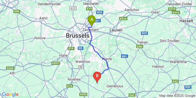 Map: Brussels Zaventem Airport (BRU) to Villers-la-Ville