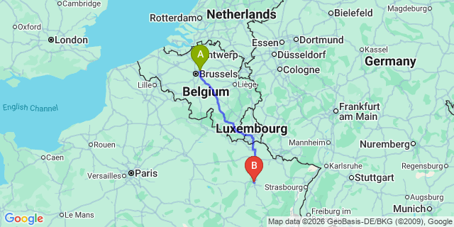 Map: Brussels Zaventem Airport (BRU) to Villers-lès-Nancy