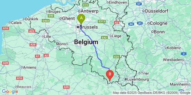 Map: Brussels Zaventem Airport (BRU) to Virton