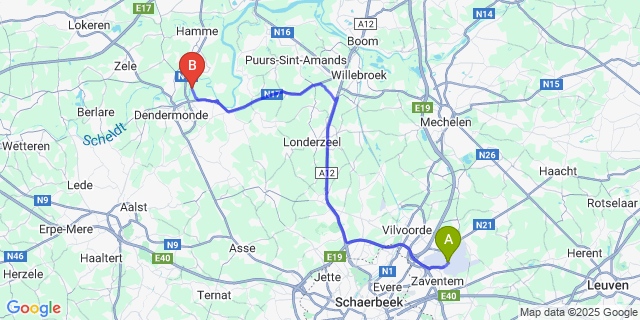 Map: Brussels Zaventem Airport (BRU) to Vlassenbroek