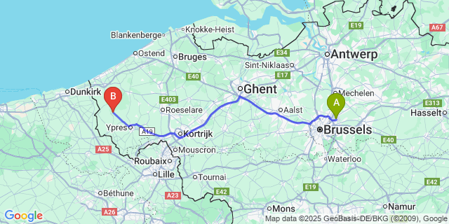 Map: Brussels Zaventem Airport (BRU) to Vleteren