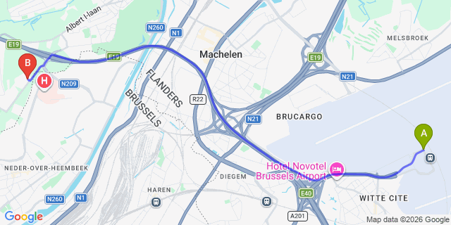 Map: Brussels Zaventem Airport (BRU) to voco Brussels City North by IHG