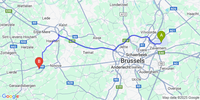 Map: Brussels Zaventem Airport (BRU) to Voorde