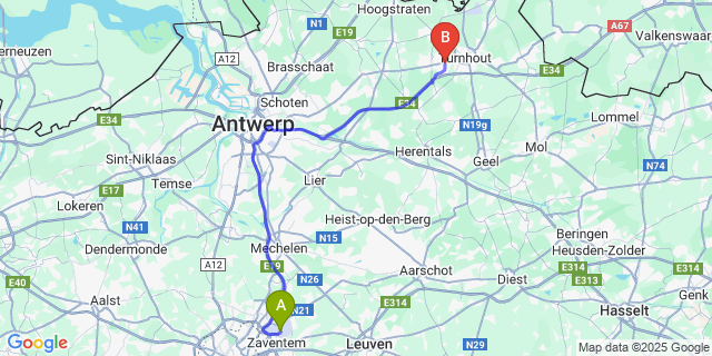 Map: Brussels Zaventem Airport (BRU) to Vosselaar