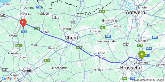 Map: Brussels Zaventem Airport (BRU) to Waardamme