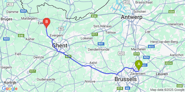 Map: Brussels Zaventem Airport (BRU) to Waarschoot