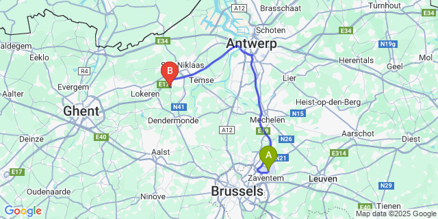 Map: Brussels Zaventem Airport (BRU) to Waasmunster