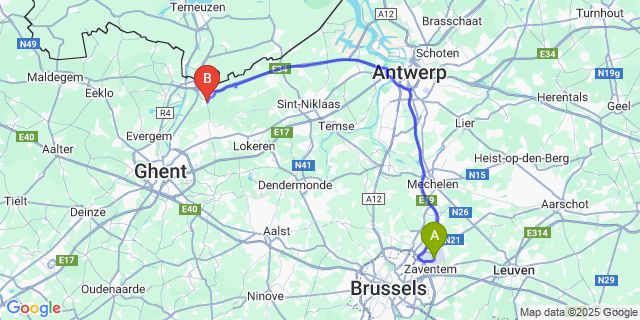 Map: Brussels Zaventem Airport (BRU) to Wachtebeke