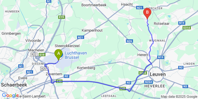 Map: Brussels Zaventem Airport (BRU) to Wakkerzeel