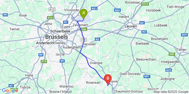 Map: Brussels Zaventem Airport (BRU) to Walibi Park