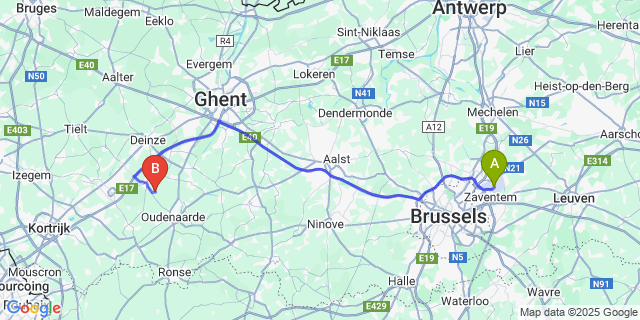 Map: Brussels Zaventem Airport (BRU) to Wannegem