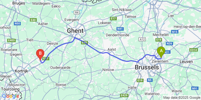 Map: Brussels Zaventem Airport (BRU) to Waregem