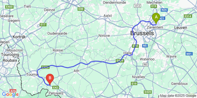 Map: Brussels Zaventem Airport (BRU) to Wasmes-Audemez-Briffoeil