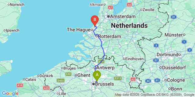 Map: Brussels Zaventem Airport (BRU) to Wassenaar
