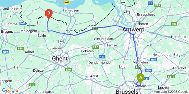Map: Brussels Zaventem Airport (BRU) to Watervliet