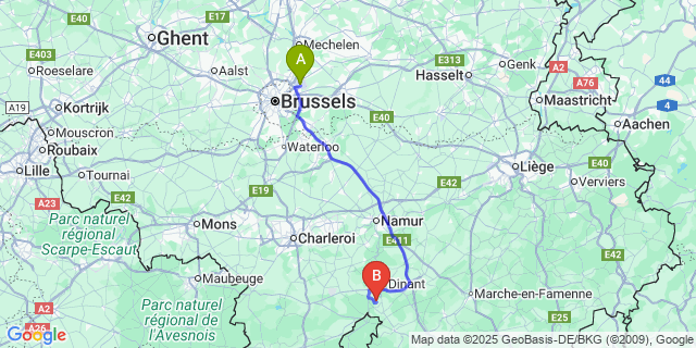 Map: Brussels Zaventem Airport (BRU) to Waulsort