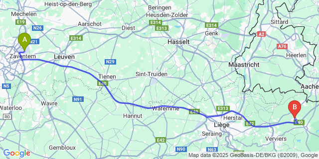 Map: Brussels Zaventem Airport (BRU) to Welkenraedt