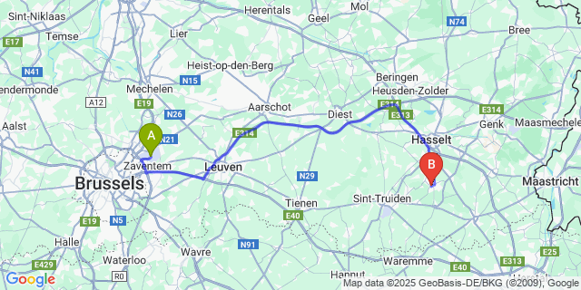 Map: Brussels Zaventem Airport (BRU) to Wellen