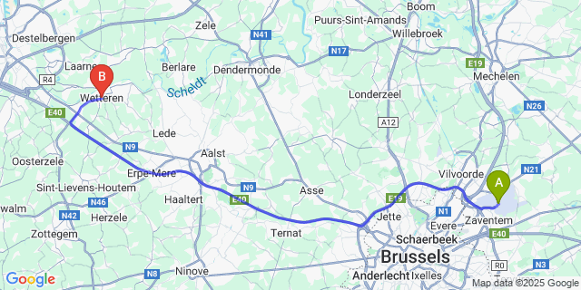 Map: Brussels Zaventem Airport (BRU) to Wetteren