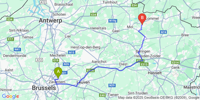 Map: Brussels Zaventem Airport (BRU) to Wezel