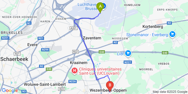 Map: Brussels Zaventem Airport (BRU) to Wezembeek-Oppem