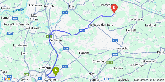 Map: Brussels Zaventem Airport (BRU) to Wiekevorst