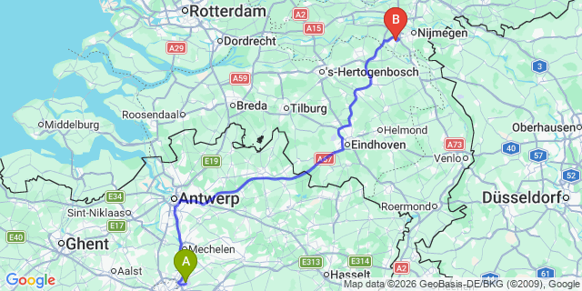 Map: Brussels Zaventem Airport (BRU) to Wijchen