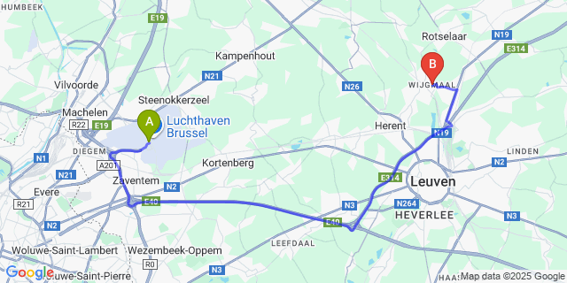 Map: Brussels Zaventem Airport (BRU) to Wijgmaal