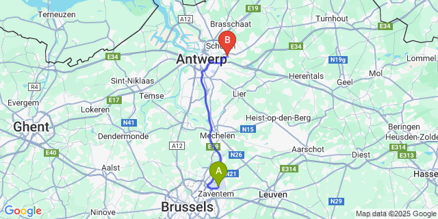 Map: Brussels Zaventem Airport (BRU) to Wijnegem